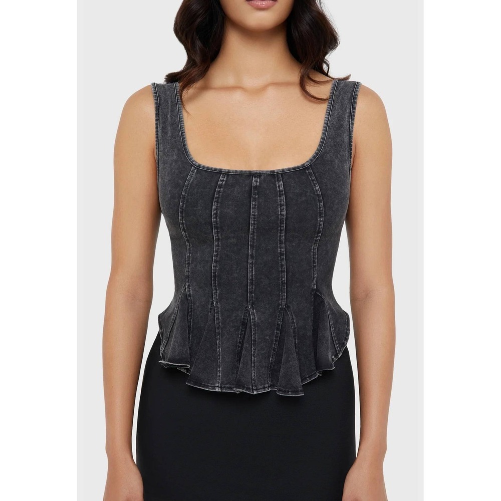 Killstar Grimfang Top Acid Wash Denim Corset Peplum Dark Grey Large